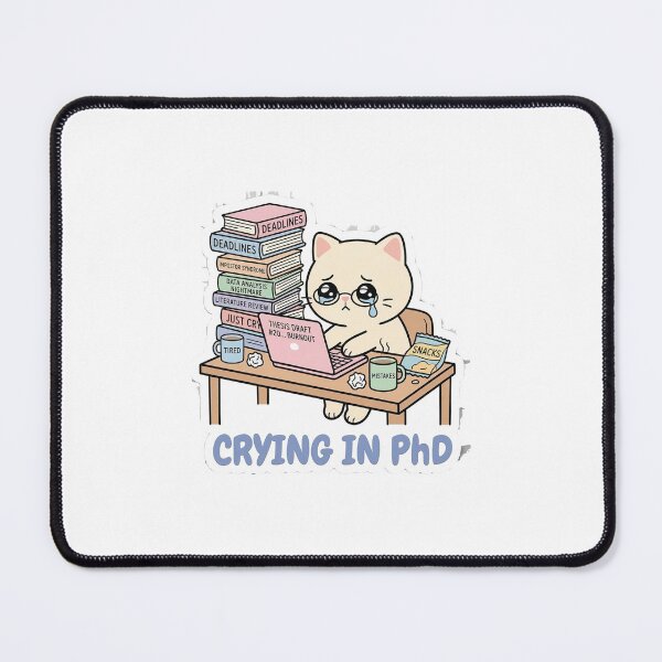 Item preview, "CRYING IN PhD" Cute Cat Student Impostor Syndrome & Thesis Burnout Meme Sticker for Laptop, Water Bottle, and Notebook designed and sold by AuroraPixelDa.