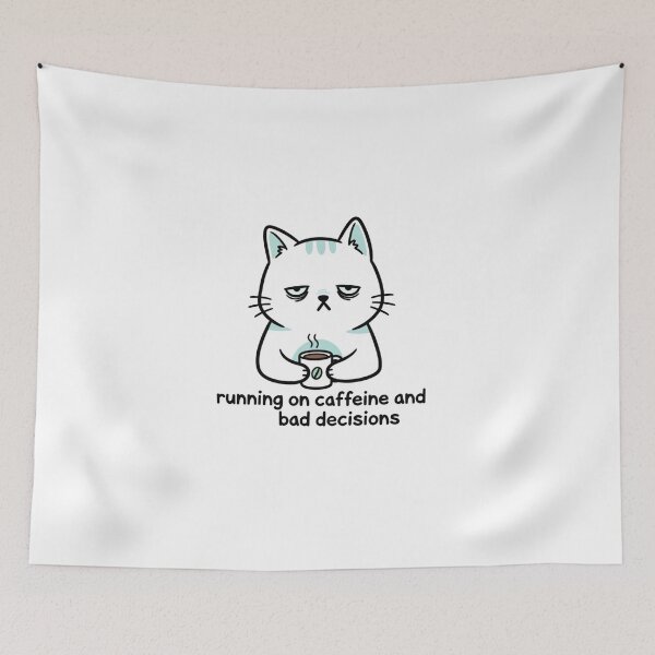 Item preview, Coffee Cat Meme Sticker – Running On Caffeine And Bad Decisions designed and sold by MongOficial.