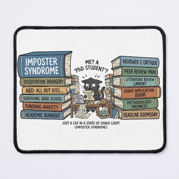 Item preview, PhD Student Cat in Chaos Loop – Imposter Syndrome Academic Meme designed and sold by AuroraPixelDa.
