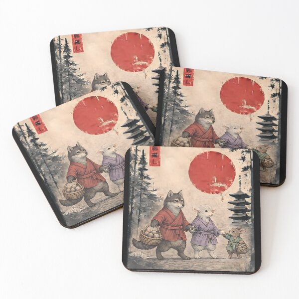 Item preview, Vintage Japanese Wolf and Lamb Easter Egg Hunt Art designed and sold by JessArty ⭐⭐⭐⭐⭐.