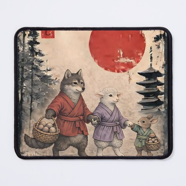 Item preview, Vintage Japanese Wolf and Lamb Easter Egg Hunt Art designed and sold by JessArty ⭐⭐⭐⭐⭐.