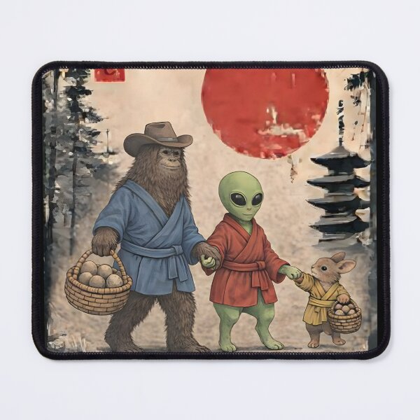 Item preview, Funny Bigfoot and Alien Easter Egg Hunt Vintage Japanese Art designed and sold by JessArty ⭐⭐⭐⭐⭐.