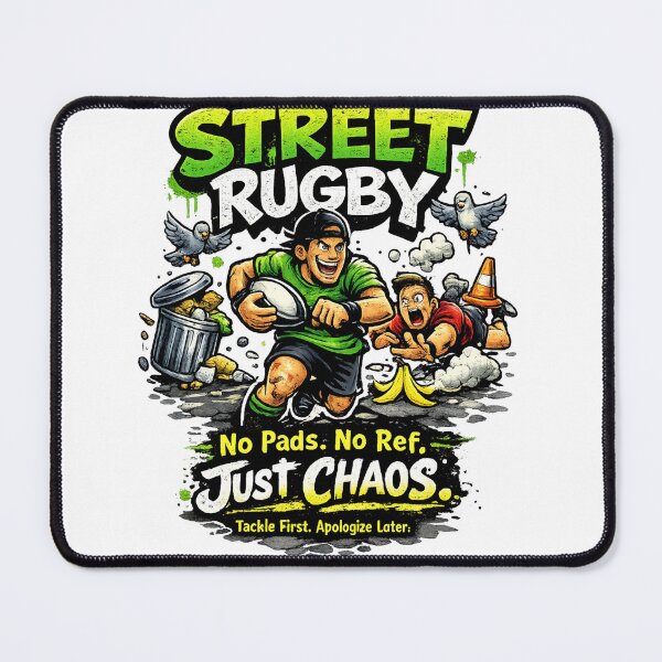 Item preview, Funny Street Rugby No Pads No Ref Just Chaos Cartoon Rugby Player Design designed and sold by Wear Sculpt.
