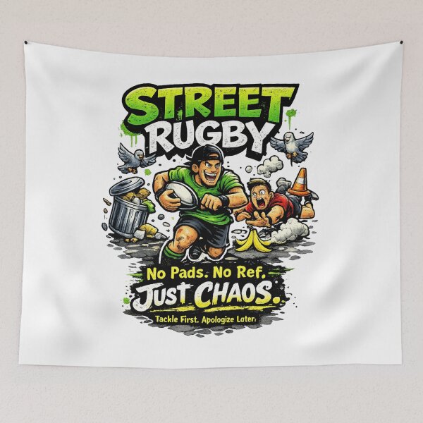 Item preview, Funny Street Rugby No Pads No Ref Just Chaos Cartoon Rugby Player Design designed and sold by Wear Sculpt.
