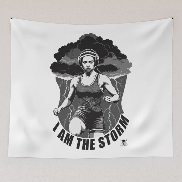 Item preview, I Am The Storm - Fierce Female Wrestler in Singlet with Lightning and Clouds designed and sold by Coach-Riz.