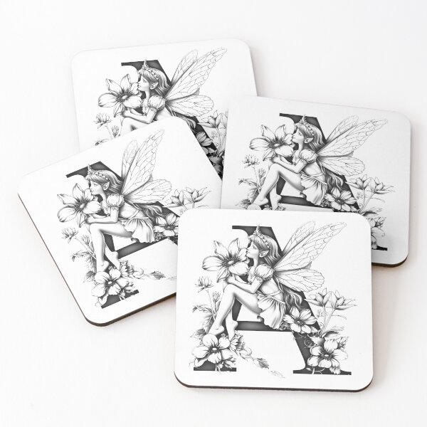 Item preview, Fairy Letter A Black and White Floral Fantasy Art designed and sold by inkoutninja.