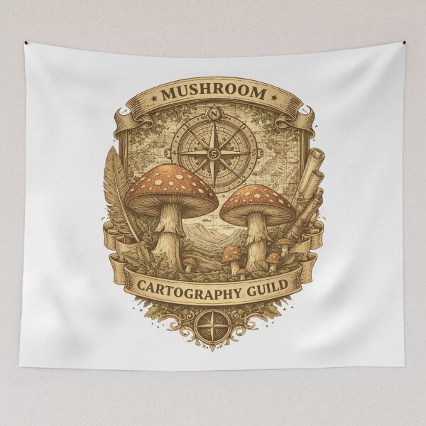 Item preview, Fantasy Mushroom Cartography Guild Emblem – Vintage Explorer Map Crest, Botanical Adventure Badge, RPG Style Sticker & T-Shirt Design designed and sold by MagicMakerPh.
