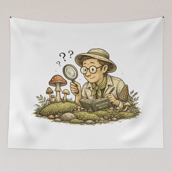 Item preview, Mushroom Scientist Illustration – Quirky Mycology Researcher with Magnifying Glass, Vintage Botanical Field Study Sticker & T-Shirt designed and sold by MagicMakerPh.