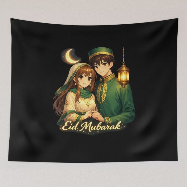 Item preview, Elegant Anime Couple Eid Mubarak Sticker – Crescent Moon & Lantern Islamic Festive Art designed and sold by CutePearlStudio.