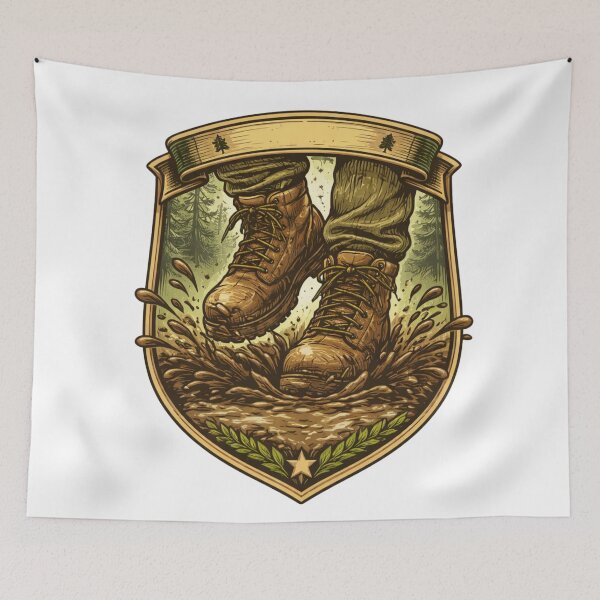 Item preview, Muddy Boots Explorer Badge – Funny Outdoor Adventure Hiking Patch, Rustic Forest Scout Style Sticker & T-Shirt designed and sold by MagicMakerPh.