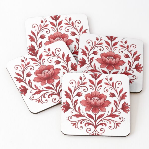 Item preview, Red floral motif on white background designed and sold by DoneAndDusted.