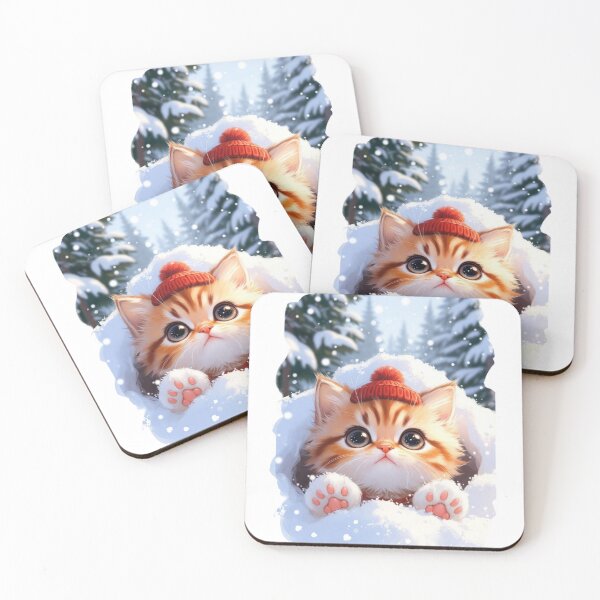 Item preview, Cute Orange Tabby Kitten Peeking Snow Red Toque Kawaii Art designed and sold by Falconwolf.