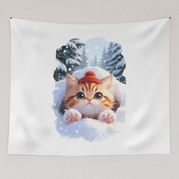 Item preview, Cute Orange Tabby Kitten Peeking Snow Red Toque Kawaii Art designed and sold by Falconwolf.