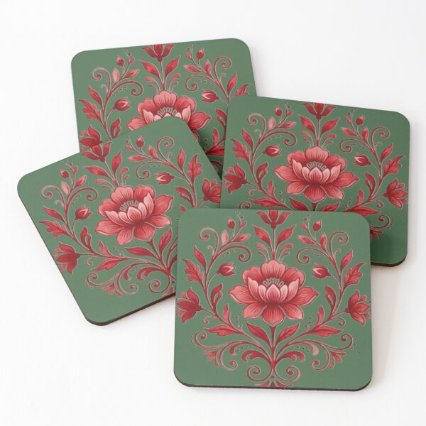 Item preview, Red floral motif on dark green background designed and sold by DoneAndDusted.