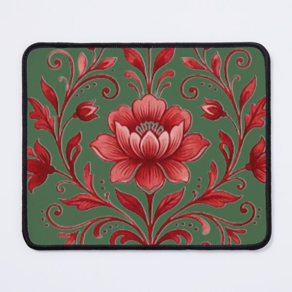 Item preview, Red floral motif on dark green background designed and sold by DoneAndDusted.