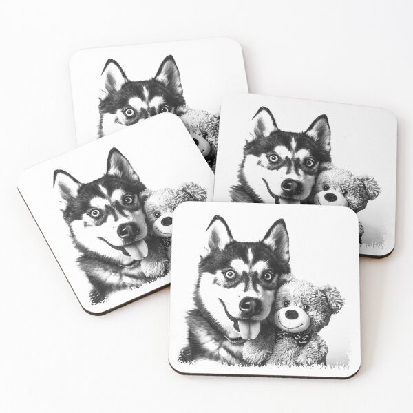 Item preview, Husky with Teddy Bear Black and White Cute Dog Art designed and sold by inkoutninja.