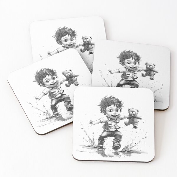Item preview, Happy Child Splashing with Teddy Bear Black and White Cute Art designed and sold by inkoutninja.