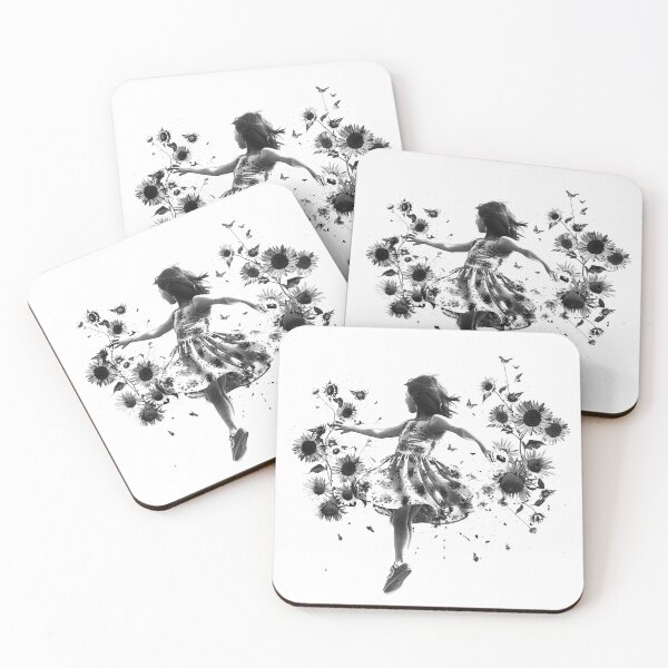 Item preview, Dancing Girl with Sunflowers Black and White Whimsical Floral Art designed and sold by inkoutninja.