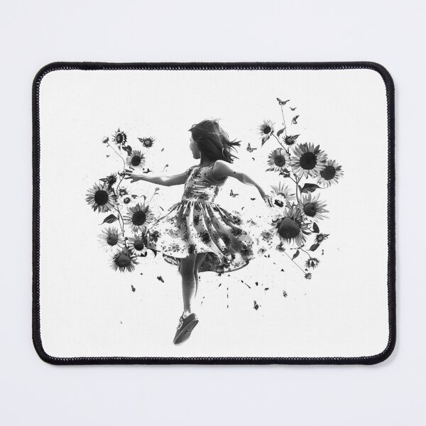 Item preview, Dancing Girl with Sunflowers Black and White Whimsical Floral Art designed and sold by inkoutninja.