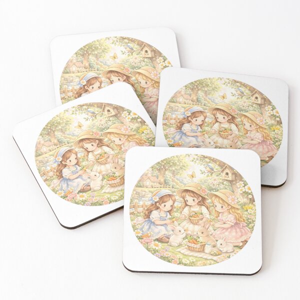 Item preview, Cottagecore Girls Feeding Rabbits in Flower Meadow Picnic Scene Illustration designed and sold by Teenidesign .
