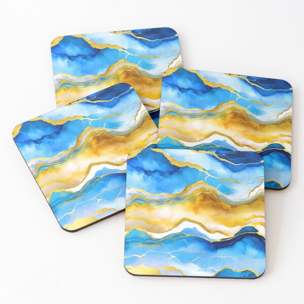 Item preview, Blue, Aqua, And Golden Marbled Stylized Abstract Art designed and sold by DEC02.
