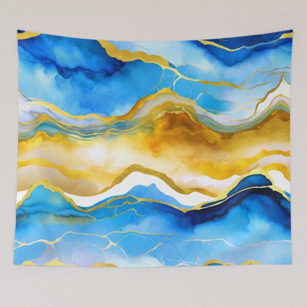 Item preview, Blue, Aqua, And Golden Marbled Stylized Abstract Art designed and sold by DEC02.