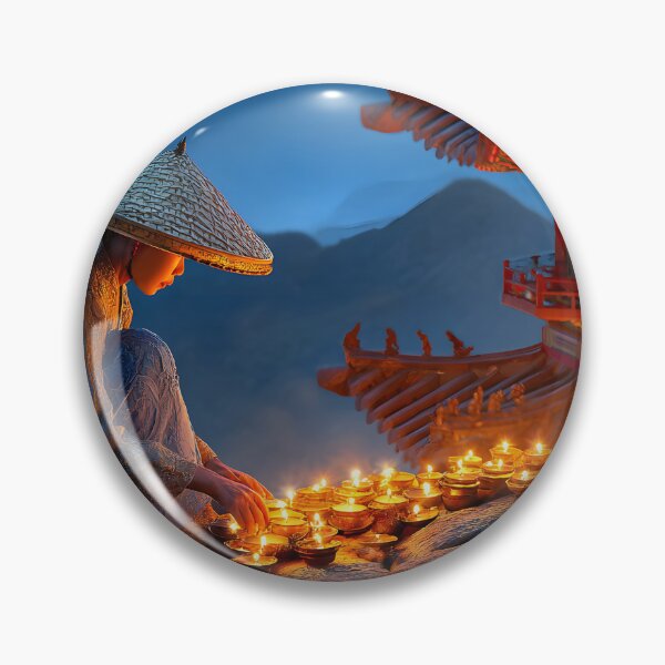 Item preview, Woman Placing Lanterns at Serene Mountain Temple designed and sold by Artessie.
