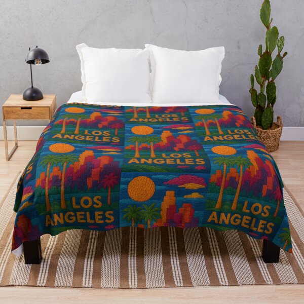 Item preview, Los Angeles Faux Wool Art – LA Skyline & Palm Trees Knitted Style City Illustration designed and sold by TheTrendsDesk.
