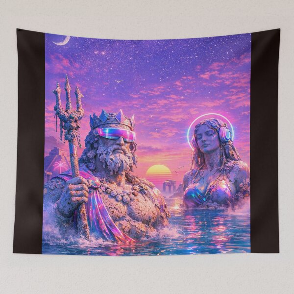 Item preview, Cyberpunk Ocean Gods: Neon Vaporwave Poseidon designed and sold by A E S T H E T A T A G.
