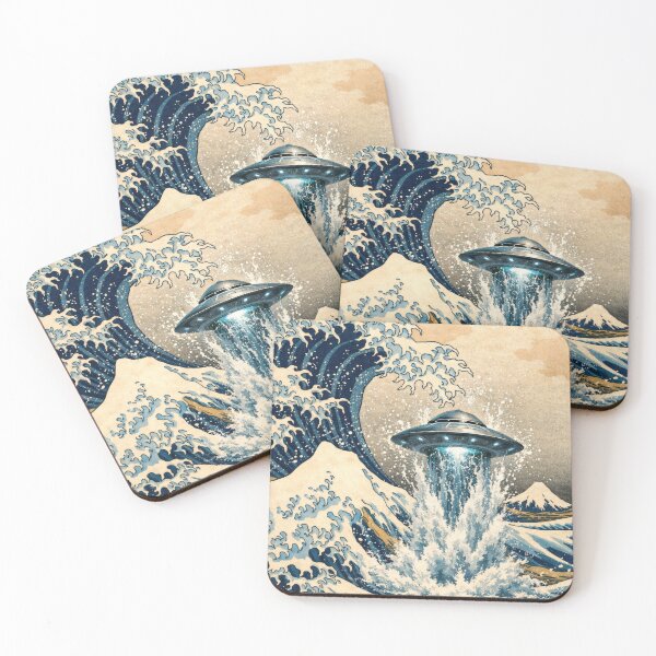 Item preview, That Big Wave Photobombed by Aliens - Inspired by Hokusai (1760–1849), while a flying saucer cooled off in the surf.  designed and sold by TheArtsyFrogs.