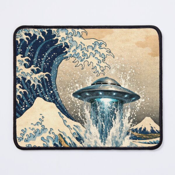 Item preview, That Big Wave Photobombed by Aliens - Inspired by Hokusai (1760–1849), while a flying saucer cooled off in the surf.  designed and sold by TheArtsyFrogs.