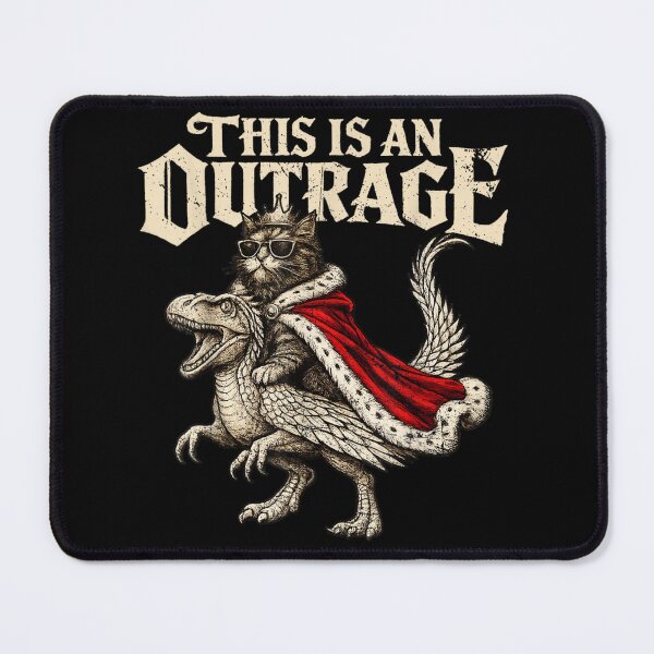Item preview, This Is An Outrage Funny Cat Riding Dinosaur Shirt designed and sold by Chaya Reid.