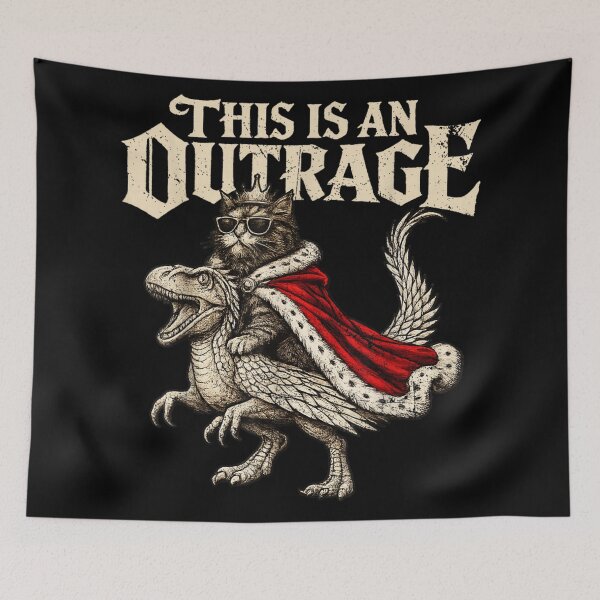 Item preview, This Is An Outrage Funny Cat Riding Dinosaur Shirt designed and sold by Chaya Reid.