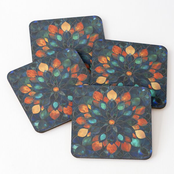 Item preview, Stained Glass Orange Dark Blue Inspired Mosaic Mandala Pattern designed and sold by GrinGalore.