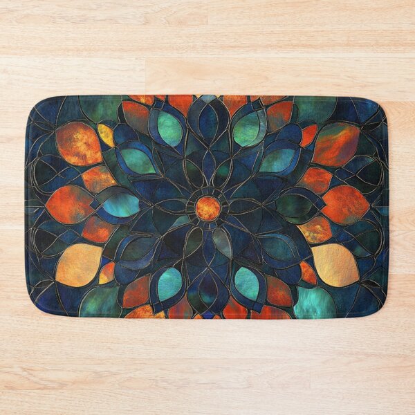 Item preview, Stained Glass Orange Dark Blue Inspired Mosaic Mandala Pattern designed and sold by GrinGalore.