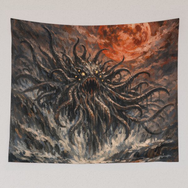 Item preview, Eldritch Sea Monster Under Blood Moon | Dark Cosmic Horror Ocean Art designed and sold by cr6zym1nd.