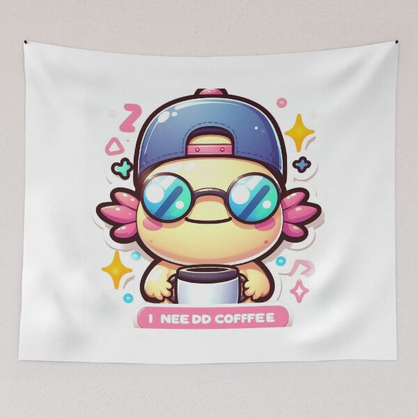 Item preview, Cute Kawaii Axolotl Robot “I Need Coffee” Sleepy Morning Design designed and sold by Mitaudesign.