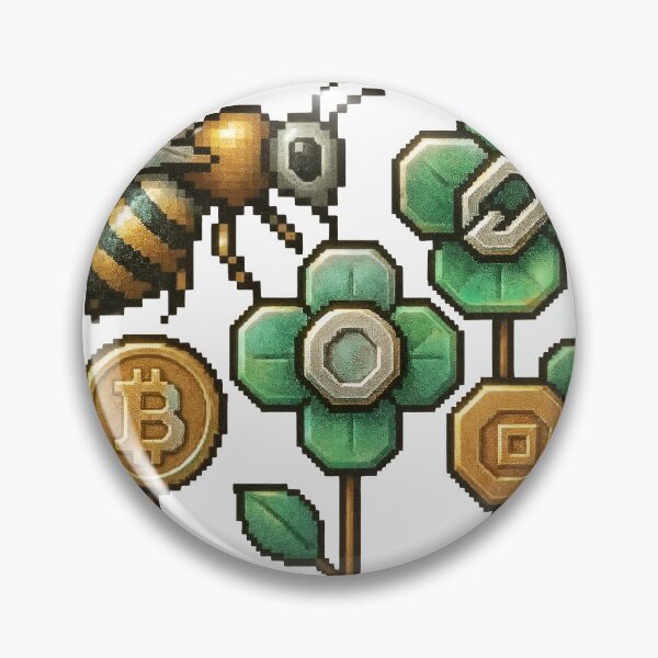 Artikelvorschau, Eine pixelige Biene fliegt in der Nähe von Blumen mit Kryptowährungssymbolen auf transparentem Hintergrund entworfen und verkauft von Creative88Art.