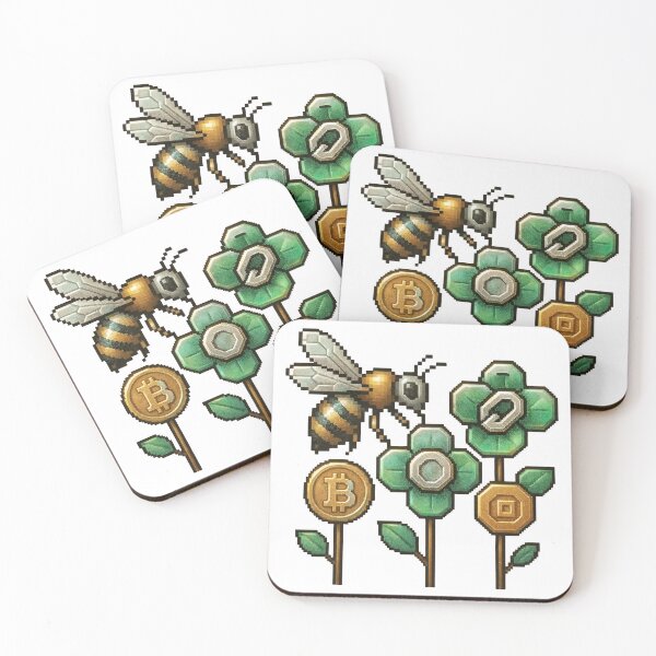 Item preview, A pixelated bee flying near flowers with cryptocurrency symbols on transparent background designed and sold by Creative88Art.