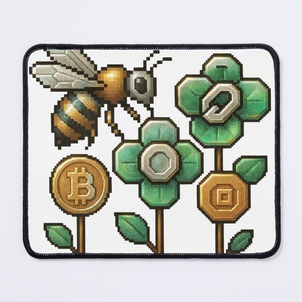 Item preview, A pixelated bee flying near flowers with cryptocurrency symbols on transparent background designed and sold by Creative88Art.