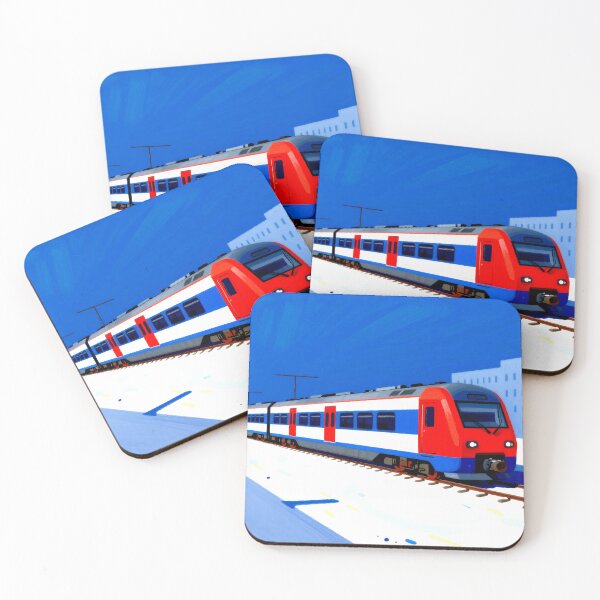 Item preview, Modern Urban Train in Minimalist Winter City | Blue Red Metro Illustration designed and sold by Gabi.Media.
