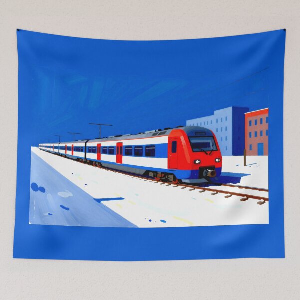 Item preview, Modern Urban Train in Minimalist Winter City | Blue Red Metro Illustration designed and sold by Gabi.Media.