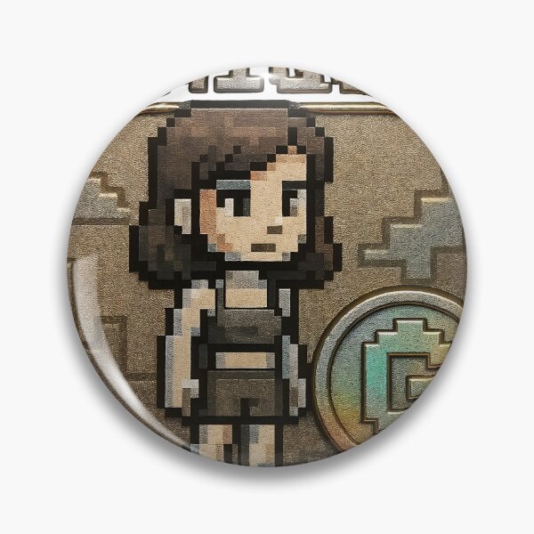 Item preview, A pixelated woman standing on a unique gold badge on transparent background designed and sold by Creative88Art.
