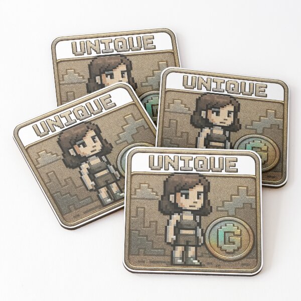 Item preview, A pixelated woman standing on a unique gold badge on transparent background designed and sold by Creative88Art.