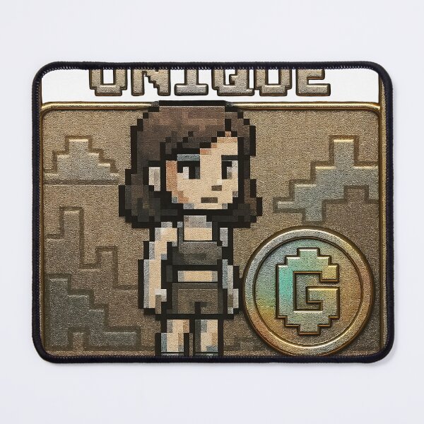 Item preview, A pixelated woman standing on a unique gold badge on transparent background designed and sold by Creative88Art.