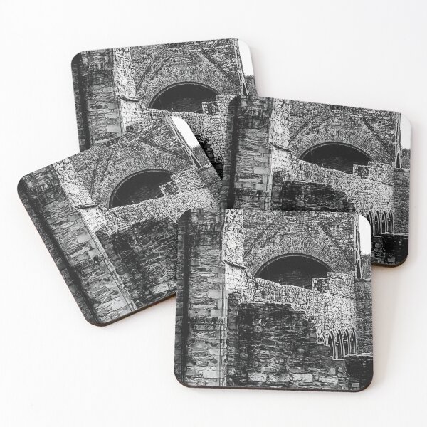 Item preview, Medieval Stone Abbey Ruins With Arched Openings and Textured Walls in Black and White Photograph designed and sold by ivon55.