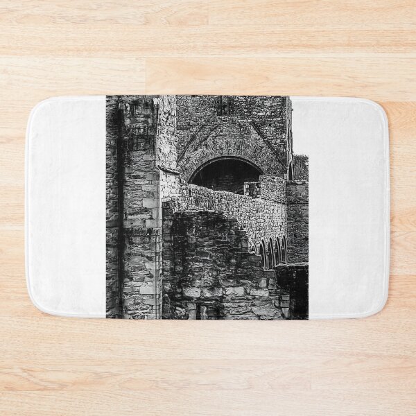 Item preview, Medieval Stone Abbey Ruins With Arched Openings and Textured Walls in Black and White Photograph designed and sold by ivon55.