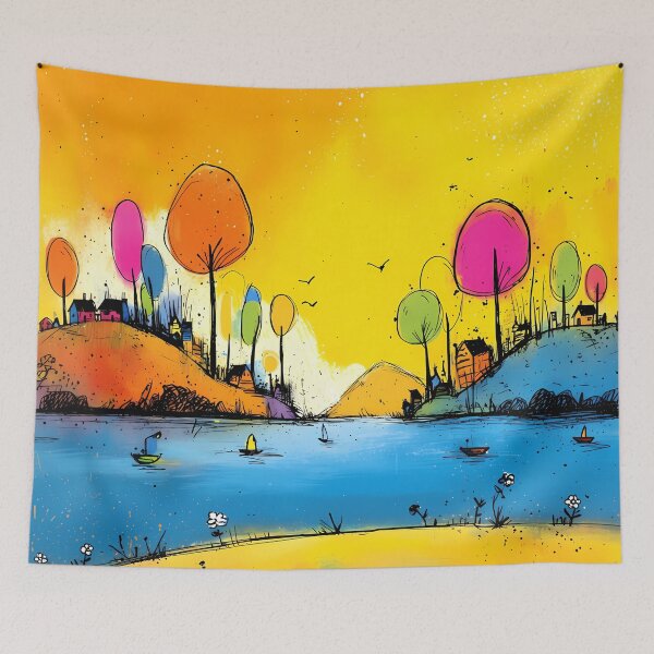 Item preview, Colorful fantasy lake landscape in pop art cartoon style designed and sold by WhimsyArt ○ byGTL.