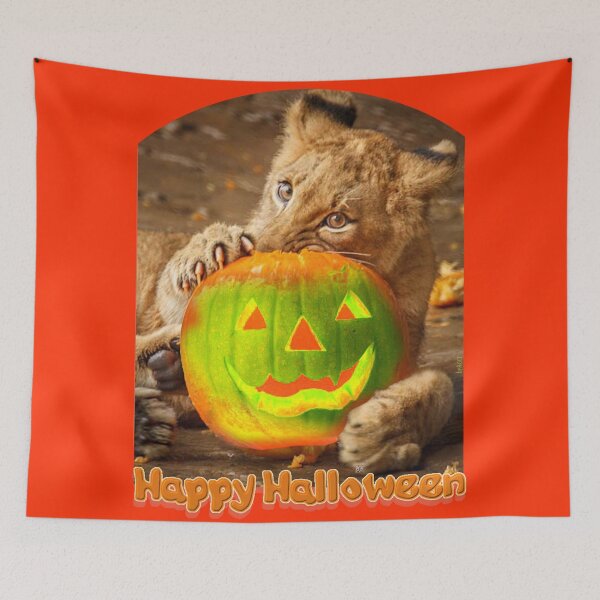 Item preview, Happy Halloween with Jack-o'-lantern Pumpkin and Baby Lion designed and sold by VanyssaGraphics.