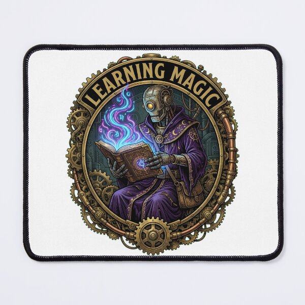 Item preview, Robot Learning Magic - Steampunk Wizard Coder Humor Grimoire designed and sold by Mythic Ink Studio.